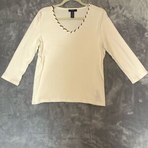 Chap's Ribbed 3/4 Sleeve with Brown Faux Suede Trim Neckline Cream/Brown XL